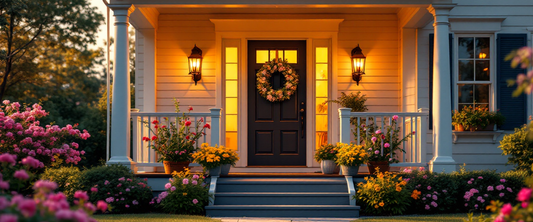 Cinematic welcoming front porch and entry of a home at golden hour, personalized address sign theme