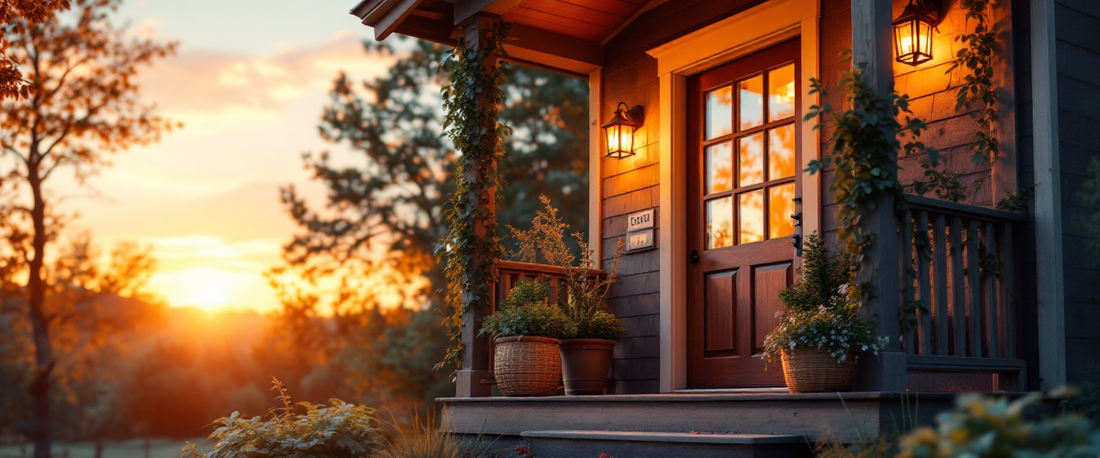 Welcoming front porch and entry of a home glowing at golden hour
