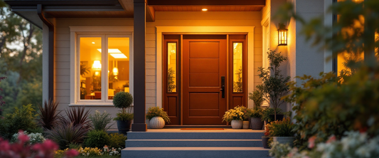 Welcoming front porch and entry of a modern home at golden hour, modern address sign theme