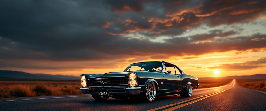 Classic 1960s American muscle car on an open road at dusk