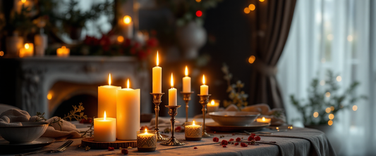 Warm elegant living room with a romantic candlelit table, anniversary heirloom theme