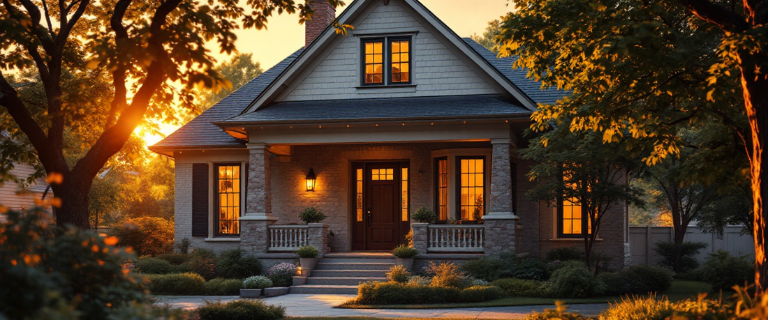 Cinematic welcoming craftsman home entry at golden hour, durable metal address sign theme