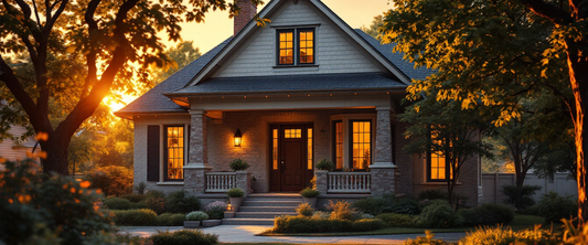 Cinematic welcoming craftsman home entry at golden hour, durable metal address sign theme