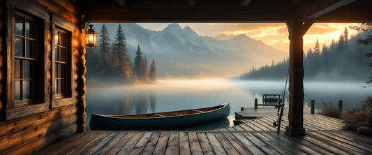 Rustic cabin porch at dawn over a misty lake, best gifts for the outdoorsman