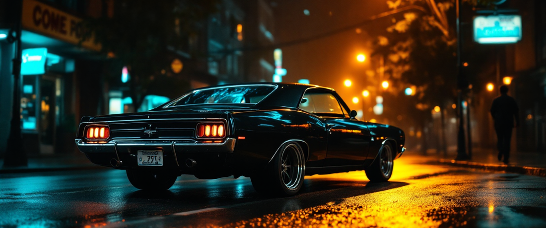 Cinematic muscle car on a movie-set night street — How Movies Made Cars Icons