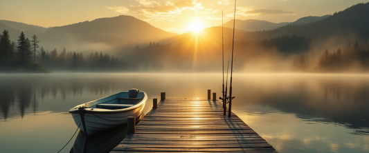Misty lake and wooden dock at dawn with a small fishing boat, fishing gifts for dad