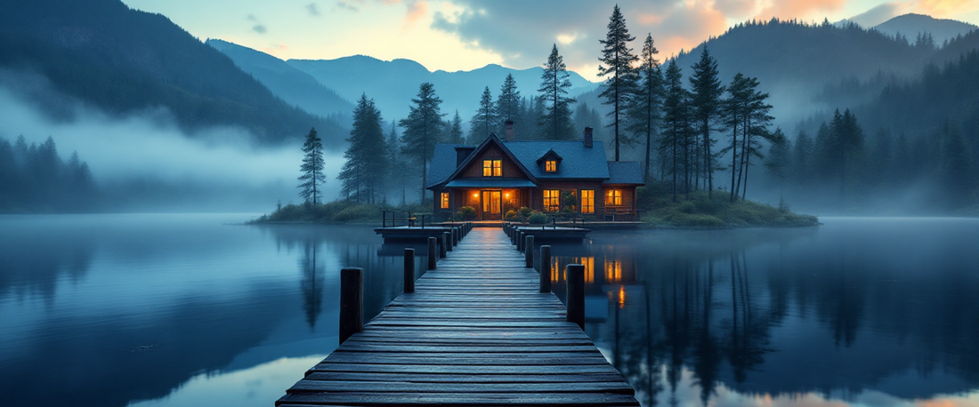 Lake house at golden hour across calm water with wooden dock, lake house sign ideas