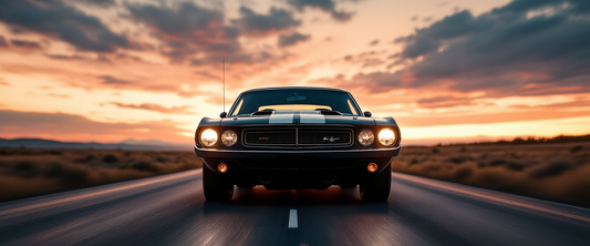 Cinematic classic American muscle car on a dramatic road at dusk