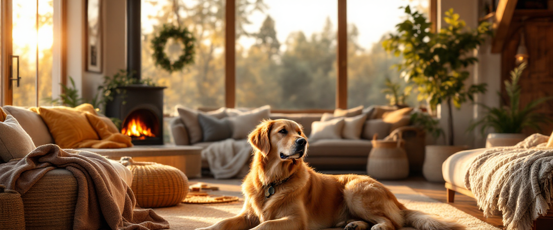 Cozy farmhouse living room with a golden retriever resting by a stone fireplace at golden hour