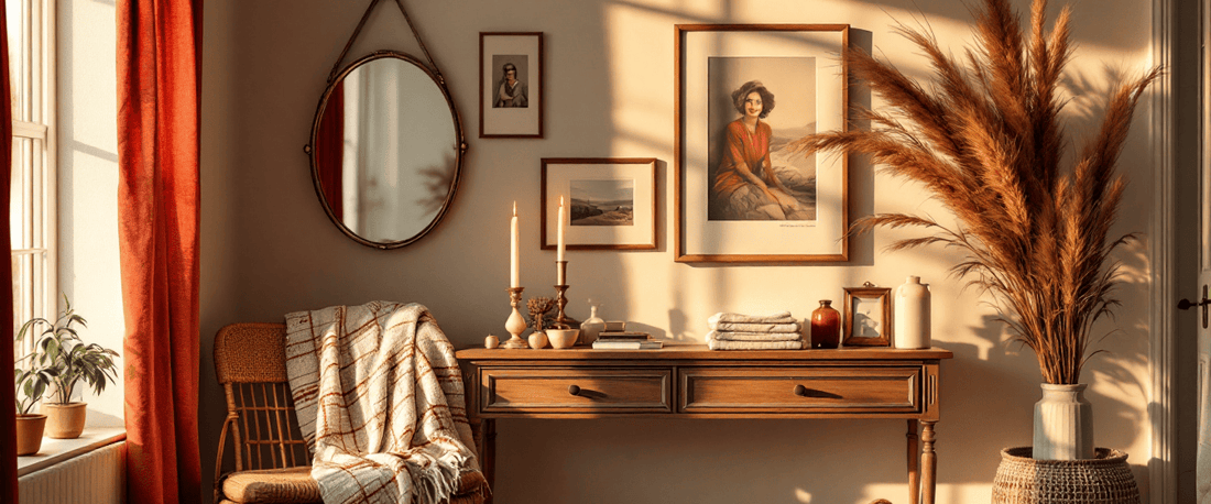Warm American living room heritage gallery wall in white and red, evoking Polish-American family pride