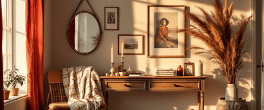 Warm American living room heritage gallery wall in white and red, evoking Polish-American family pride