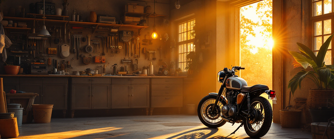Cozy home garage workshop at golden hour with a vintage motorcycle