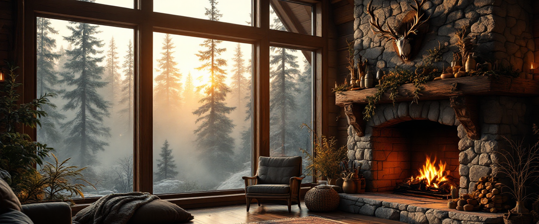Cinematic rustic hunting lodge interior with stone fireplace and antler decor