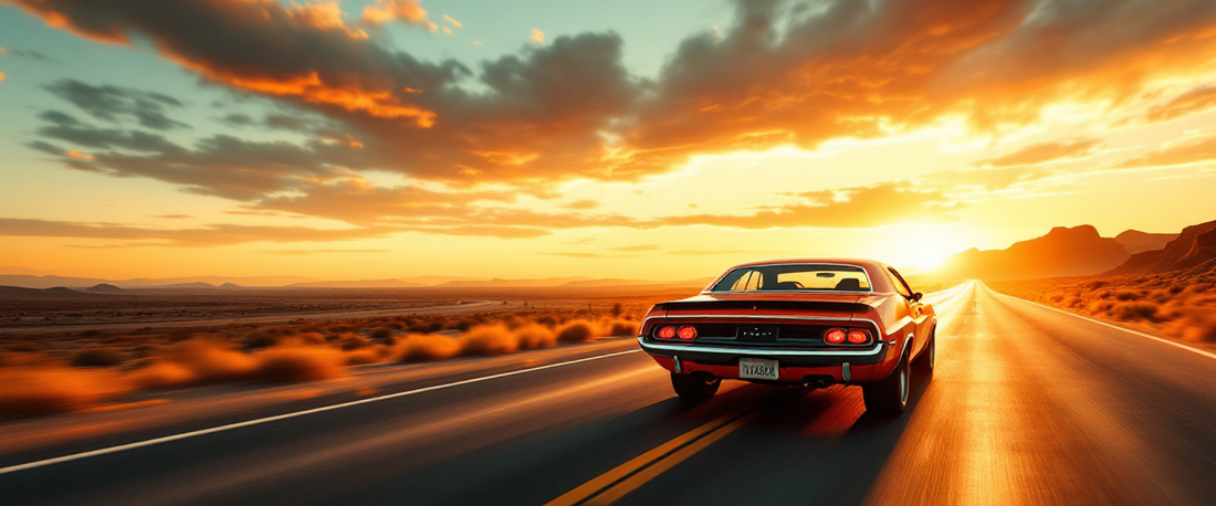 Cinematic 1970 Dodge Challenger R/T on a desert highway at sunset