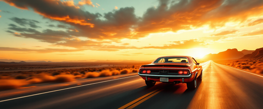 Cinematic 1970 Dodge Challenger R/T on a desert highway at sunset