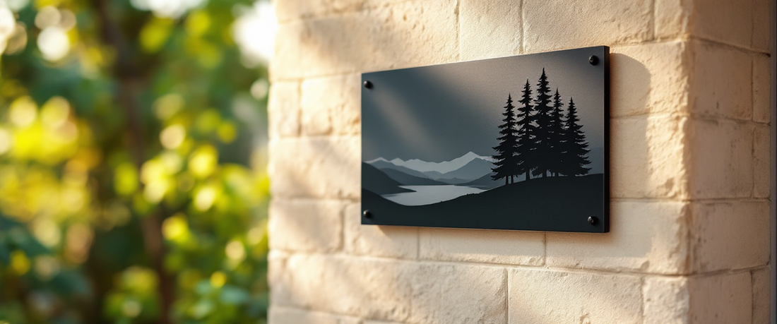 Flat laser-cut stencil powder-coated steel sign with a lake and pine scene on a stone house exterior, rust-free