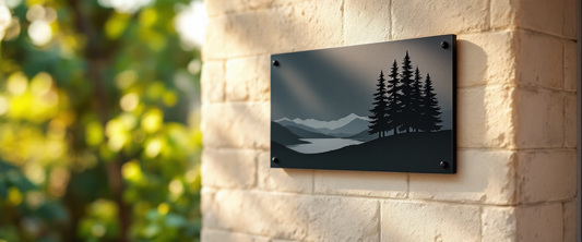 Flat laser-cut stencil powder-coated steel sign with a lake and pine scene on a stone house exterior, rust-free