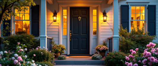Welcoming front porch and entry of a home at golden hour with spring flowers, address sign theme