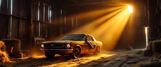 Classic American muscle car under a dusty tarp in a sunlit barn - barn find