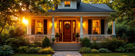 Cinematic welcoming front porch and entry of a home at golden hour