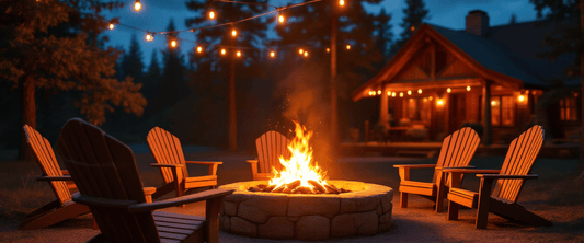 Backyard fire pit at dusk with Adirondack chairs and string lights