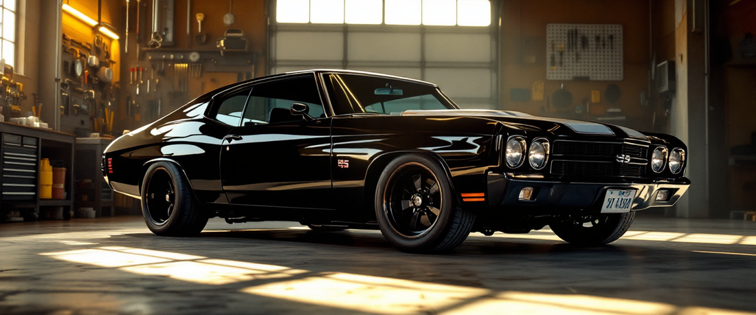 Cinematic 1971 Chevelle SS in a sunlit garage speed shop