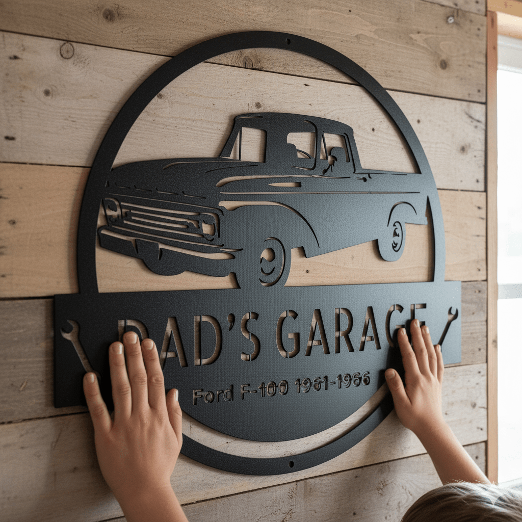 A child’s hands touch a wall sign depicting a vintage pickup truck and the text “Dad’s Garage, Ford F-100 1961-1966” mounted on wooden planks.