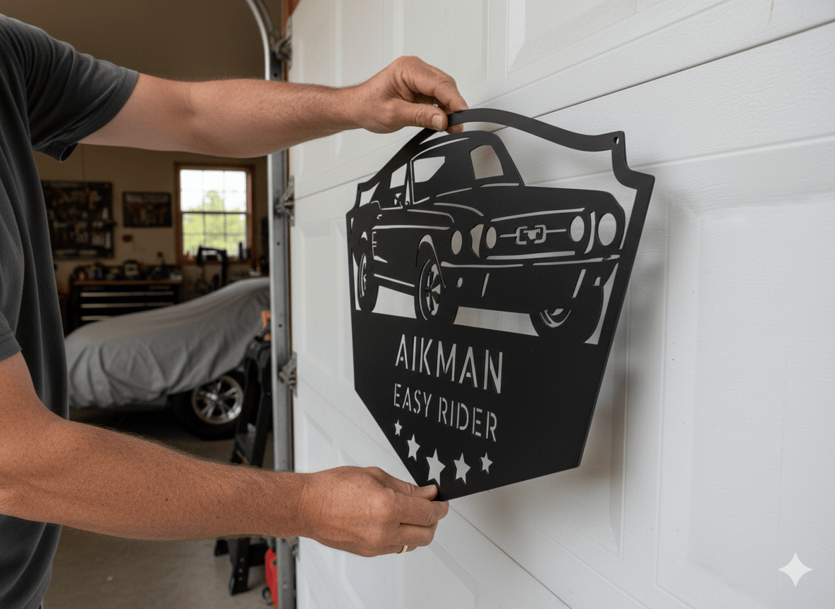 Person holding a metal sign featuring a car and the text "AIKMAN EASY RIDER" with five stars, in front of a white garage door.