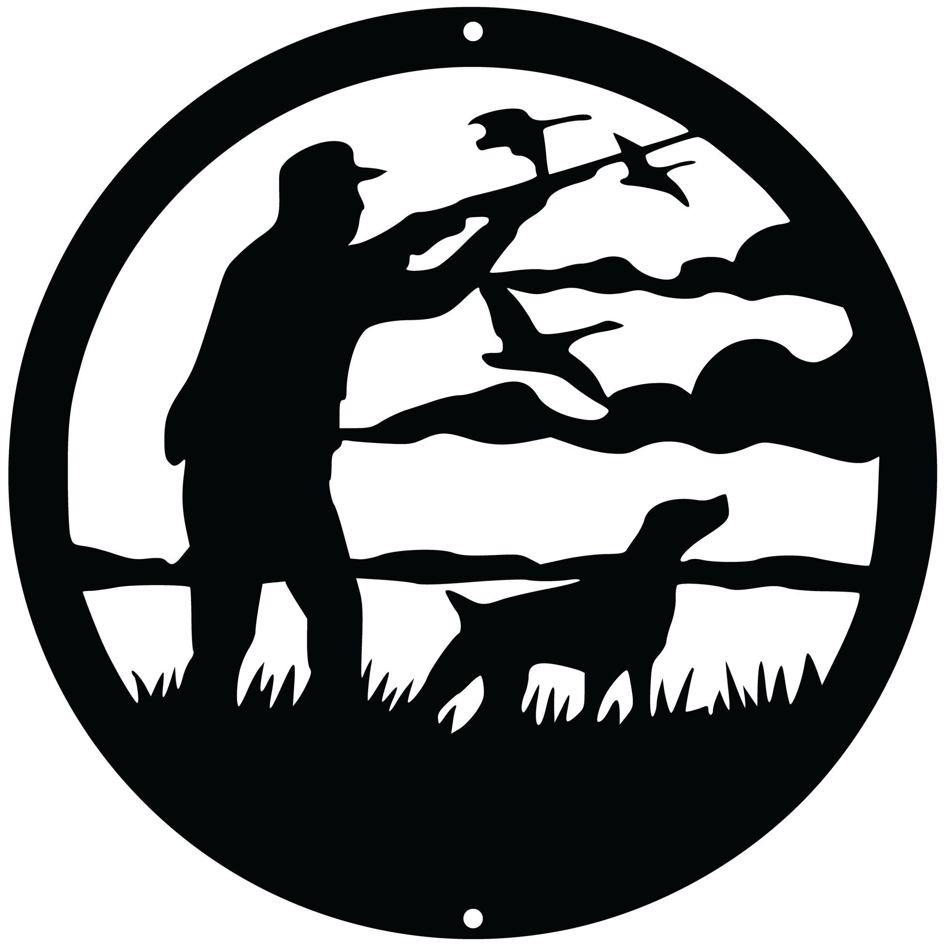 a black and white silhouette of a man with a dog