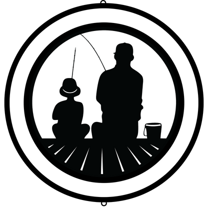 a silhouette of a man and a child fishing