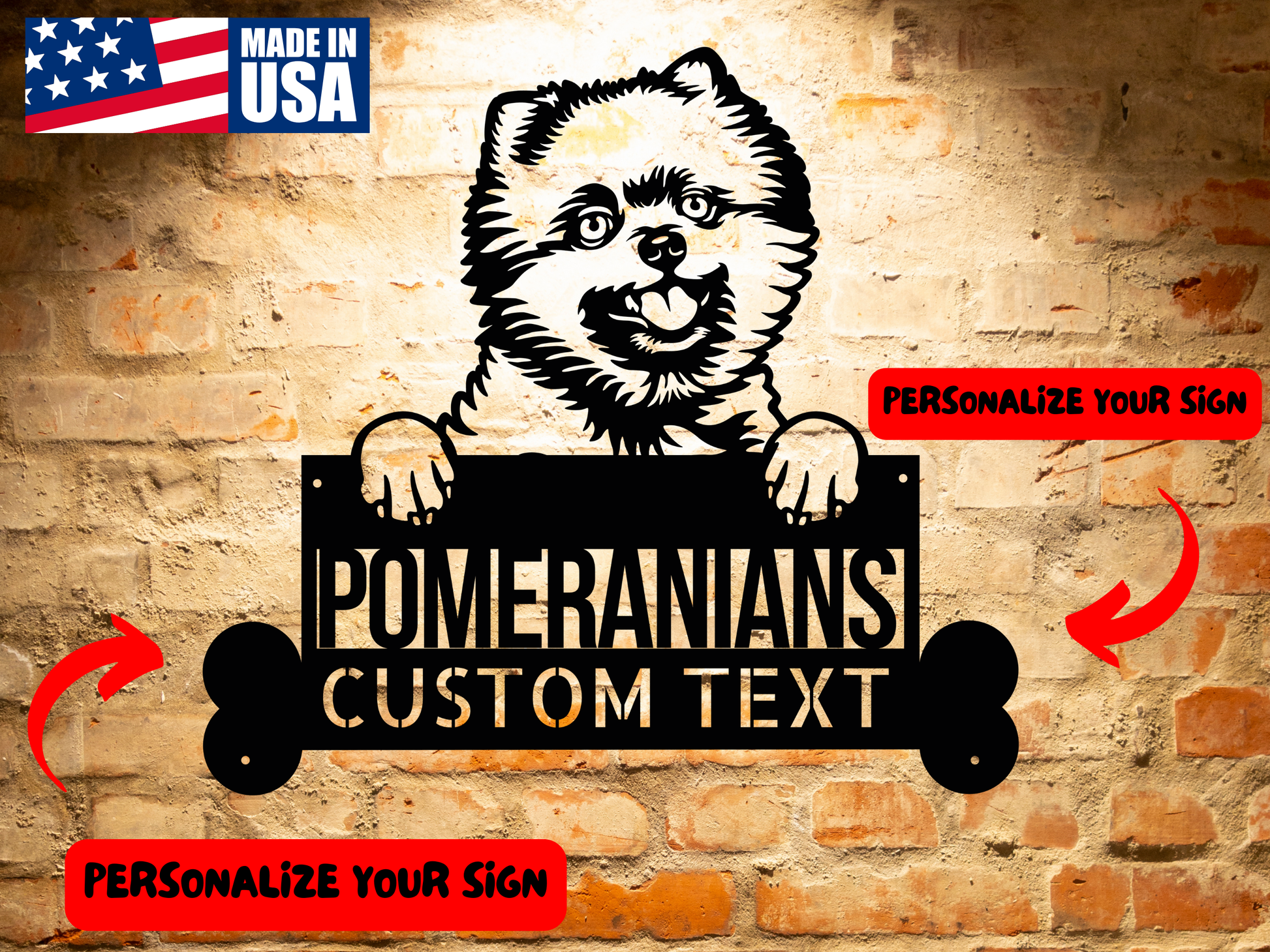 Black and white illustration of a Pomeranian dog holding a personalized dog sign that reads "Pomeranians Custom Text." The **Pomeranian Dog Metal Sign, Unique Personalized Dog Wall Art, Custom Home Decor for Dog Lovers, Perfect Pet Lovers Gift** features bone-shaped elements on either side.