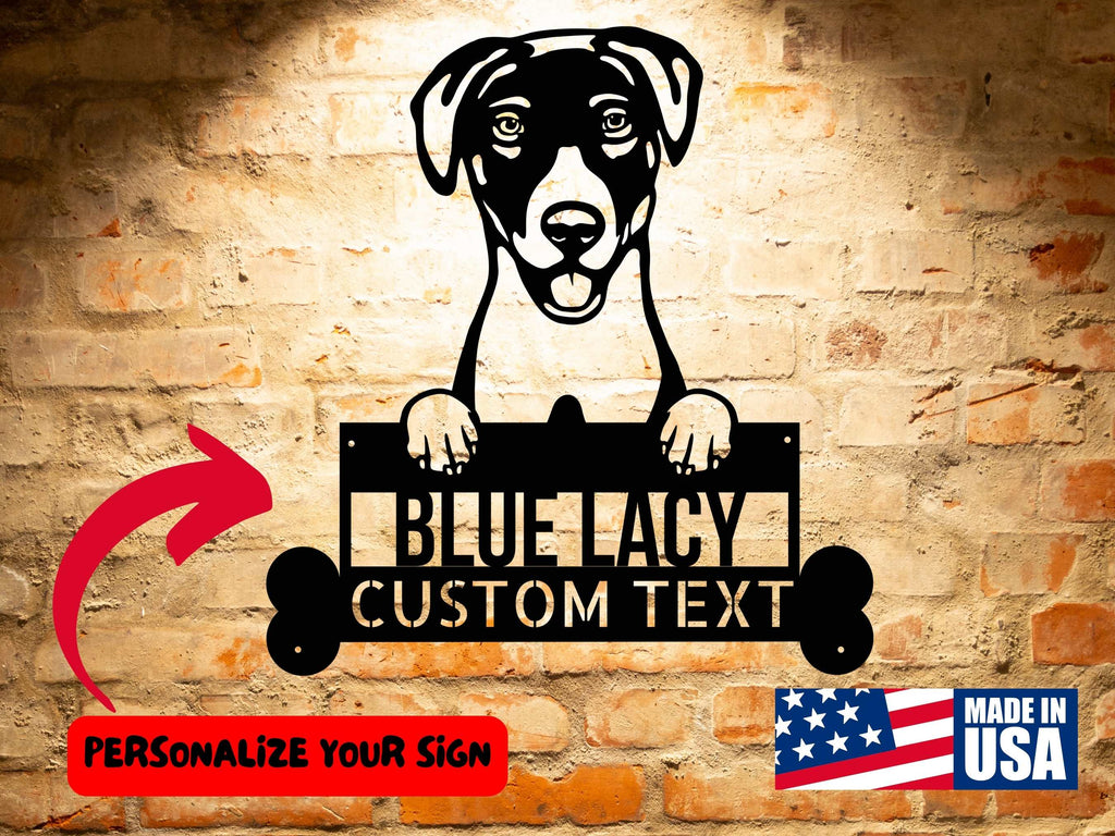 A Custom Blue Lacy Dog Metal Sign - Personalized Dog Wall Art - Unique Home Decor - Handcrafted Gift for Blue Lacy Dog Lovers featuring a Blue Lacy Dog on a brick wall.