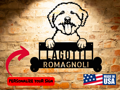 A wooden door with a Personalized Lagotto Romagnoli Dog Sign | Custom Dog Wall Art | Handcrafted Home Decor | Unique Gift in front of it.