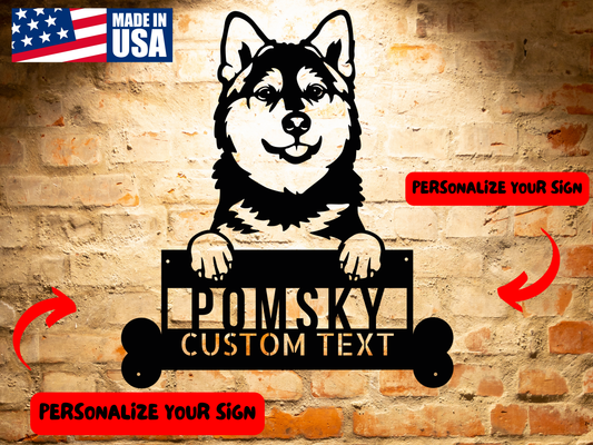 Silhouette of a Pomsky dog holding a sign with the text "Pomsky Custom Text" below it, perfect for home decor as a **Pomsky Dog Metal Sign** - Personalized Home Decor, Custom Dog Name Wall Art, Unique Animal Lovers Gift.