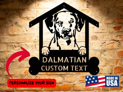 A Custom Dalmatian Dog Sign featuring a picture of a Dalmatian.