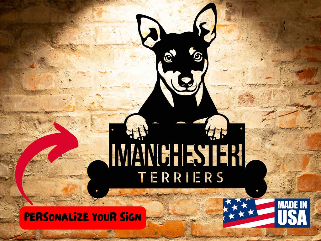 A wooden Personalized Manchester Terriers Dog Sign with a dog on it and a potted plant.