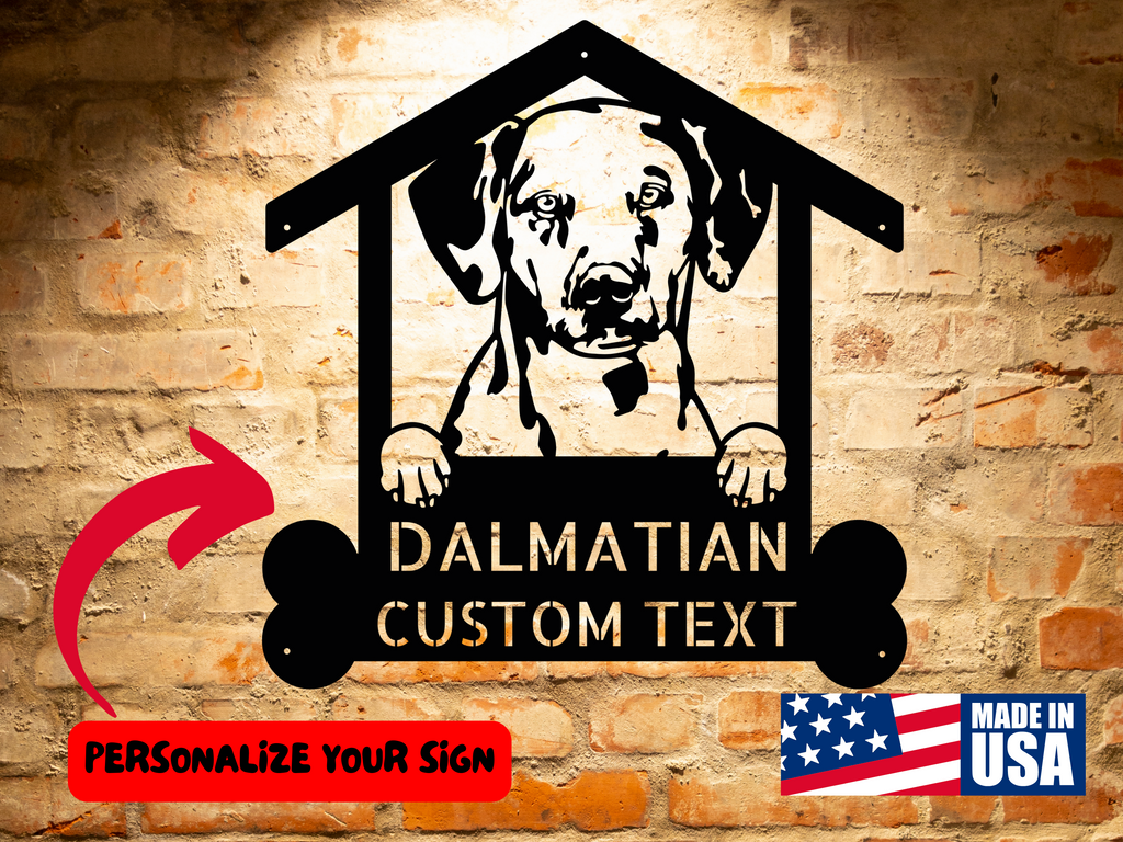 A Custom Dalmatian Dog Sign featuring a picture of a Dalmatian.