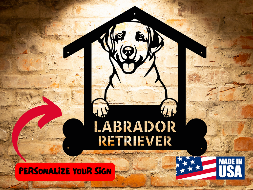 A front door with a Personalized Labrador Retriever Dog Sign | Custom Dog Wall Art | Handcrafted Home Decor | Unique Gift and a potted plant.