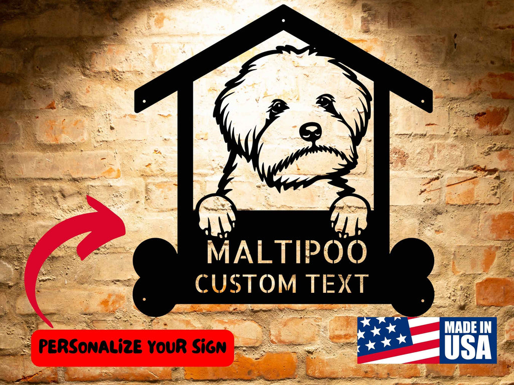 A wooden door with a Unique Custom Maltipoo Dog Sign | Personalized Steel Monogram Wall Art on it.