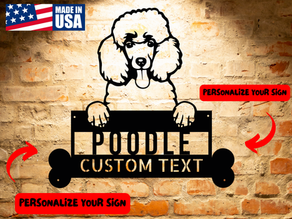 Black and white illustration of a poodle with its paws on a personalized metal sign that reads "POODLE CUSTOM TEXT" between two bone-shaped ends, perfect for poodle lovers. Crafted from durable 18-gauge steel, it's designed to last. Introducing the Poodle Dog Steel Sign, Personalized Metal Wall Art, Custom Dog Name Sign Decor, Perfect Animal Lovers Gift.