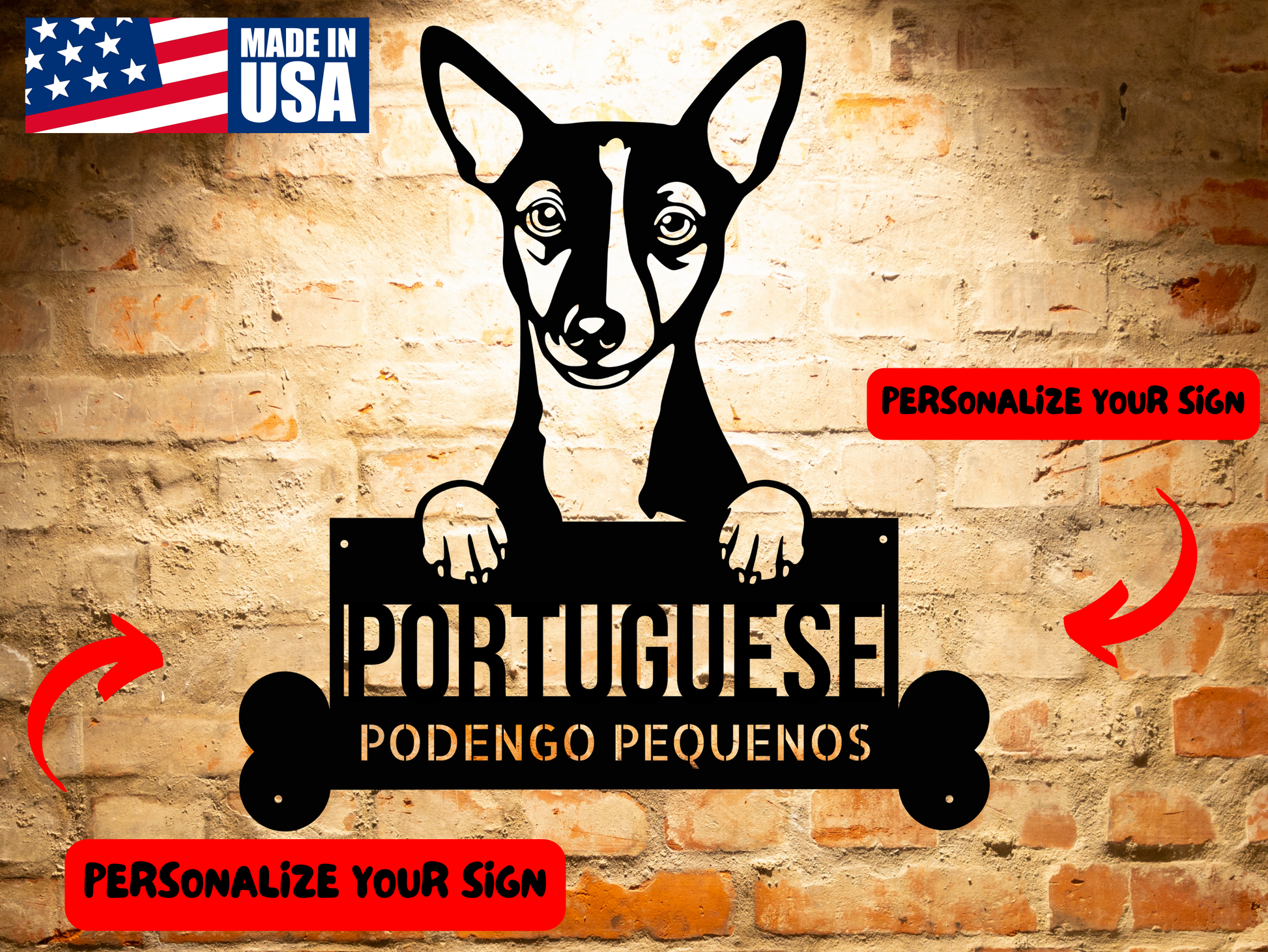 Silhouette of a Portuguese Podengo Pequeno dog with its paws on a "Portuguese Podengo Pequeno Dog Metal Sign**, Custom Steel Wall Art, Personalized Pet Name for Home Decor, Unique Animal Lovers Gift.