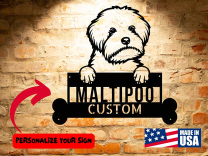 A wooden door with a Personalized Maltipoo Dog Sign | Custom Steel Monogram Wall Art and a potted plant.