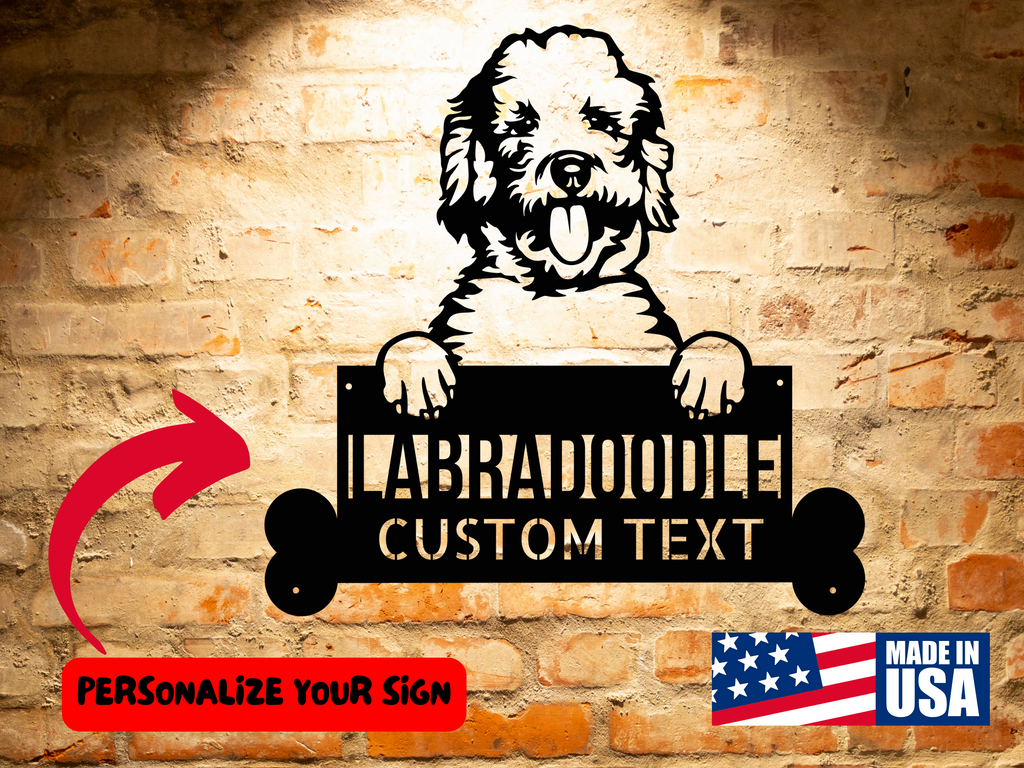 A wooden door with a Personalized Labradoodle Dog Sign | Custom Dog Wall Art | Handcrafted Home Decor | Unique Gift next to it.