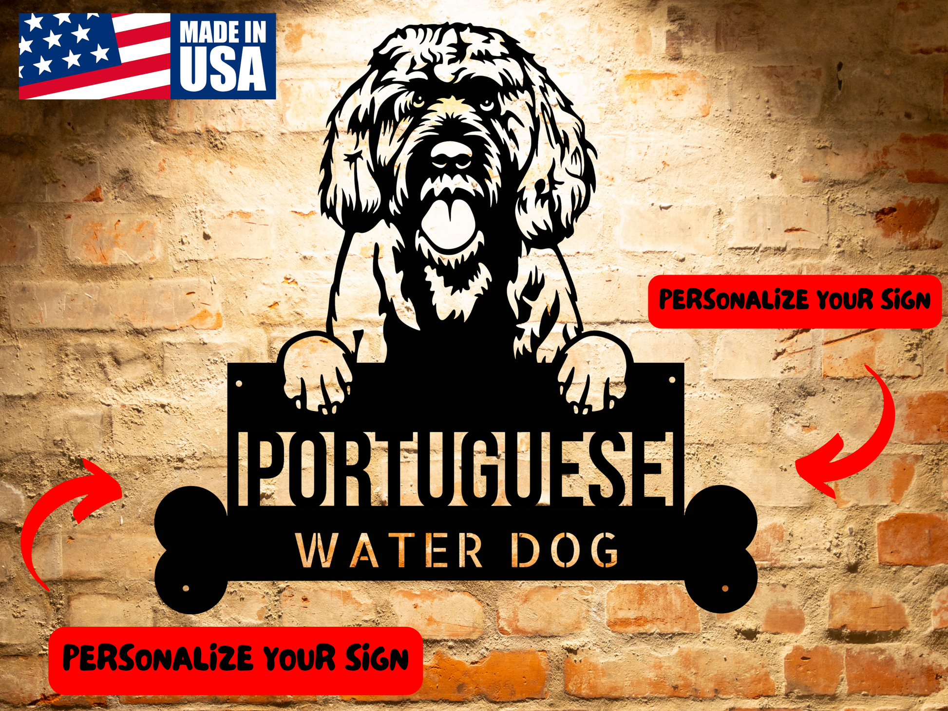 Black and white illustration of a shaggy-coated dog holding a personalized metal sign that reads "Portuguese Water Dog Metal Sign, Personalized Steel Wall Art, Custom Dog Name Decor, Perfect Gift for Dog Lovers," perfect for dog lovers.