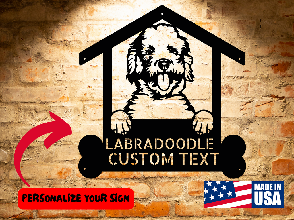 A Custom Labradoodle Dog Sign on a brick house.