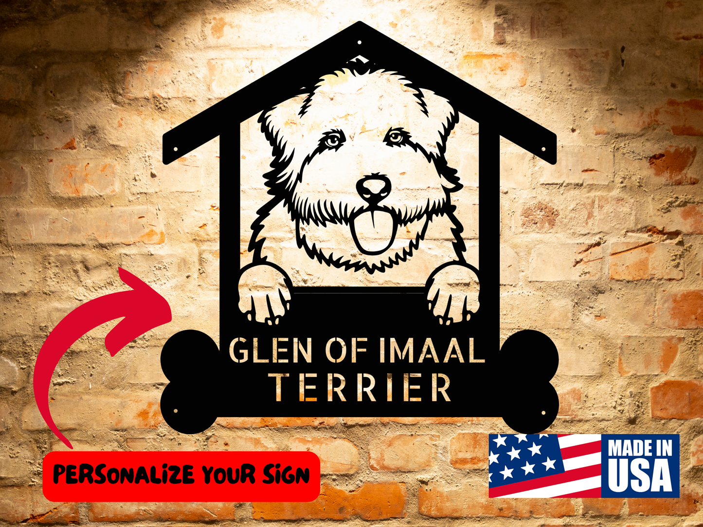 This Personalized Glen of Imaal Terrier Sign: Unique Metal Artwork for Pet Owners, Customized Dog Wall Art Steel Monogram Home Decor, Dog Lovers Gift features the glen of Imaal terrier, making it a perfect addition to any home decor.