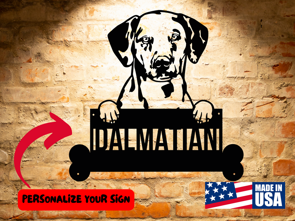 A unique Customized Dalmatian Dog Sign, personalized with the name "dalmatian", serving as a striking dog wall art.