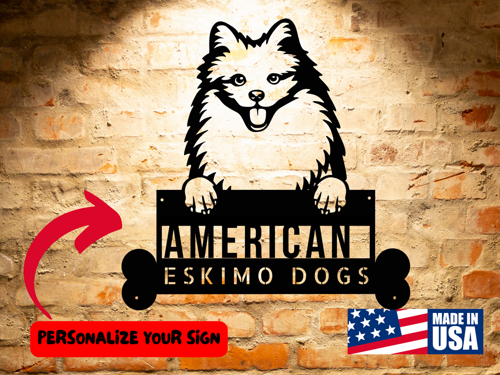 AMERICAN ESKIMO DOGS - Custom Dog Breed Metal Sign - Personalized Welcome Sign for Dog Lovers - Dog Address Sign - Dog Wall Art- Unique Gift for Dad logo.