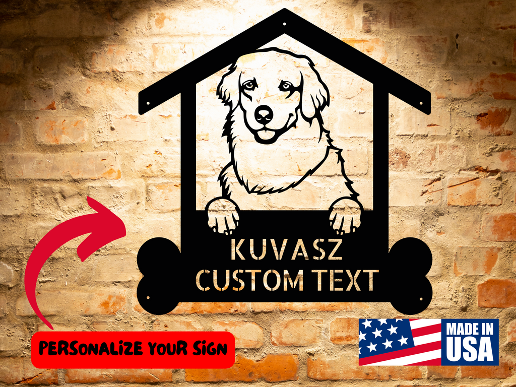 A wooden door with a Personalized Kuvasz Dog Sign | Custom Dog Wall Art | Handcrafted Home Decor | Unique Gift on it.