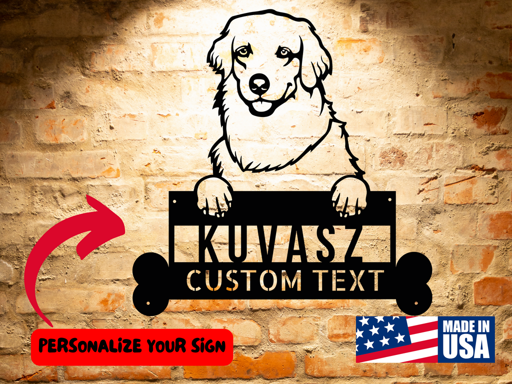 A front door with a Custom Kuvasz Dog Sign | Personalized Dog Wall Art | Handcrafted Home Decor | Unique Gift on it and a potted plant.